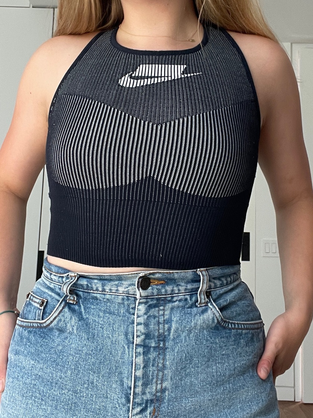 Nike Navy and White Ribbed Halter Top